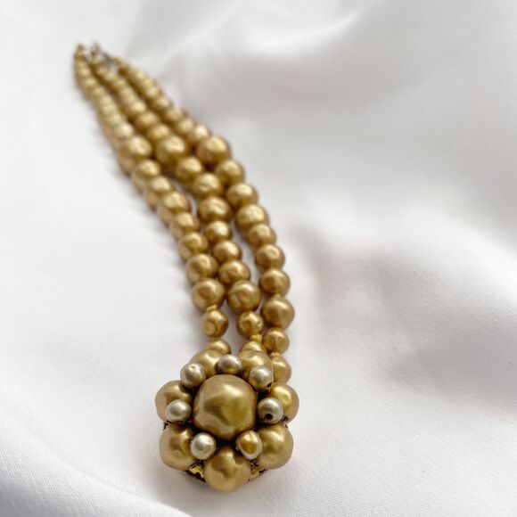 Vintage Gold Beaded Rose Flower Three Strand Bracelet with Box Clasp - Picture 5 of 5